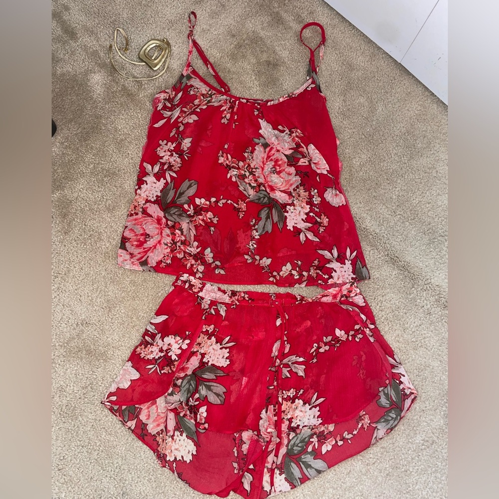 In Bloom Red Floral Satin Cami & Shorts Set